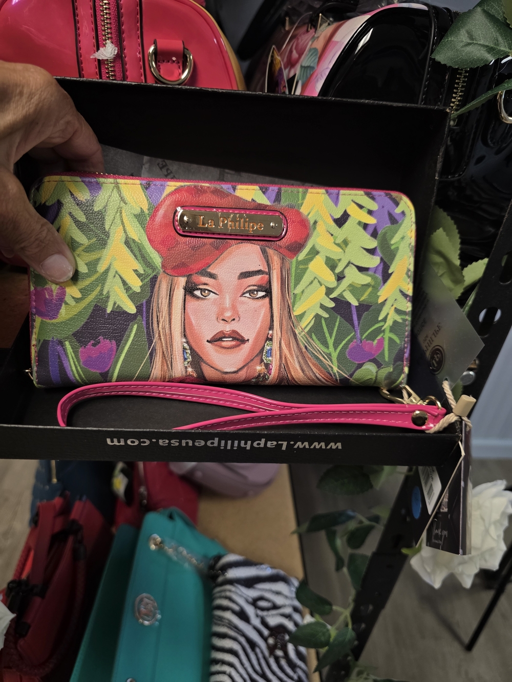 Pink Floral Art Portrait Wristlet Wallet
